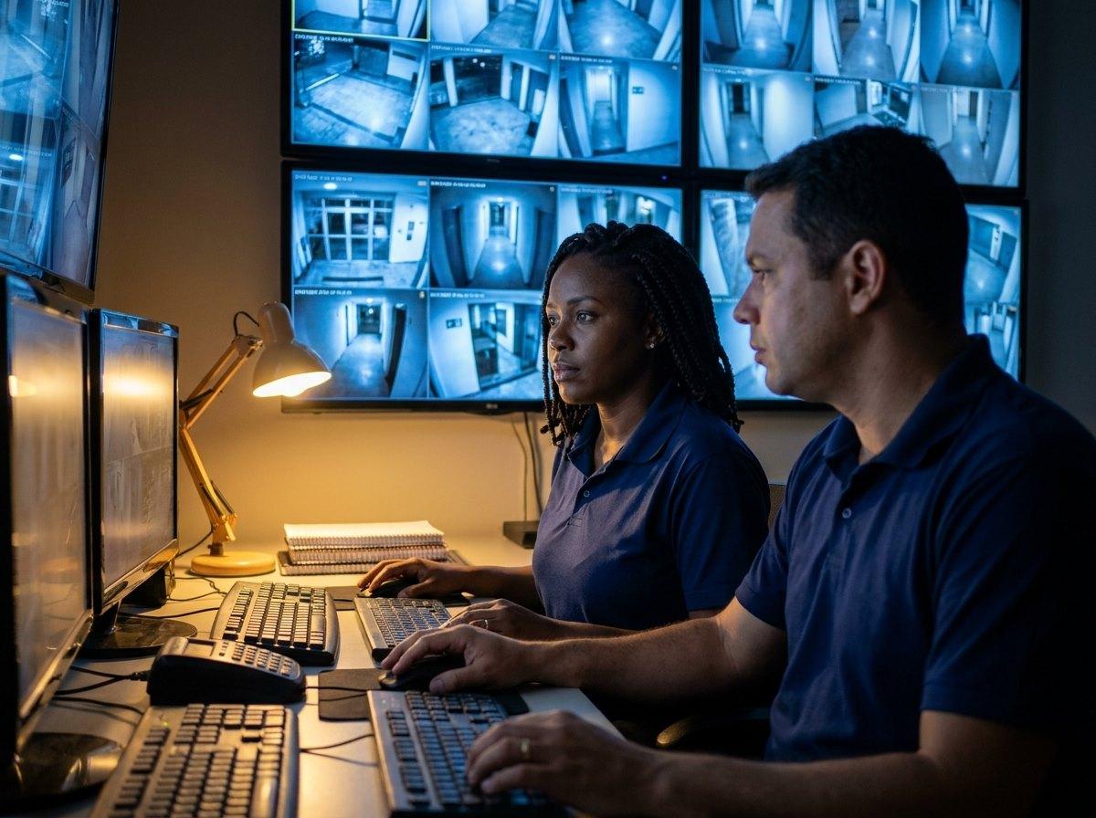 Central de monitoramento com operadores acompanhando as câmeras