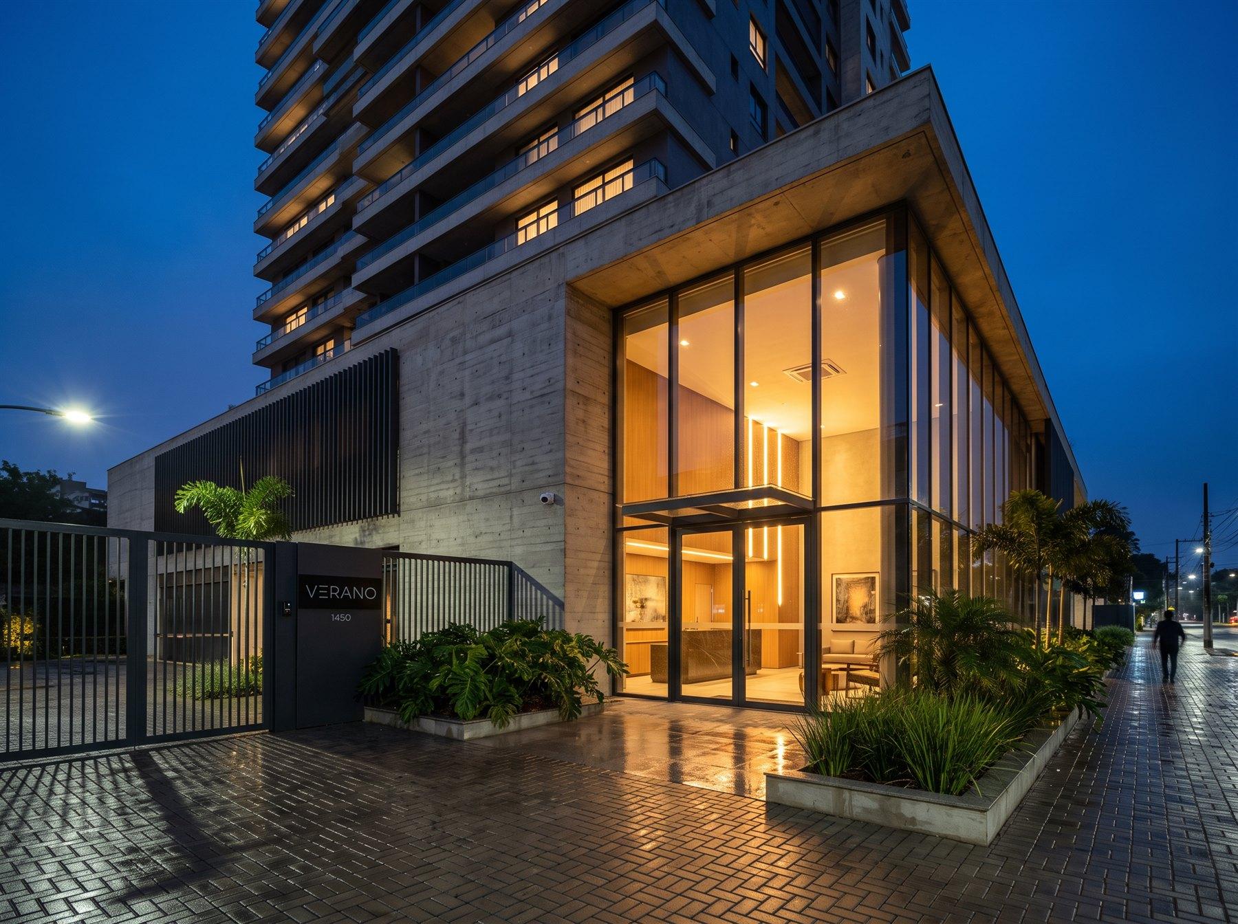 Entrada de condomínio residencial moderno na hora azul, com hall iluminado e câmera de segurança no muro